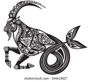 Vector Illustration Of A Tattoo, Horoscope Sign/animal - Capricorn - In Graphic Black And White Style