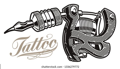 Vector illustration of a tattoo machine on a white background. All items are in separate groups.