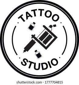 Vector illustration of a tattoo machine round emblem logo for a tattoo studio. Symbol for banner, advertisement, business card, print or clothes design that can be used for identity and branding