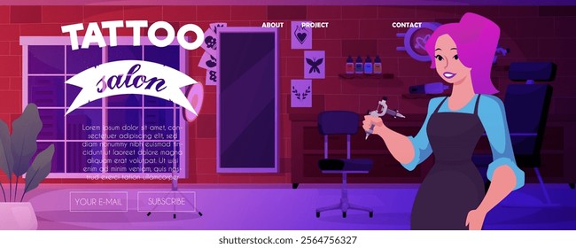 Vector illustration of tattoo parlor website web page with interior and tattoo artist. Advertising page for sales and attracting clients. Flat cartoon style. Banner with space for text.