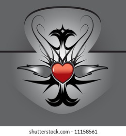 vector illustration of tattoo with red heart and silver flames on metallic shield