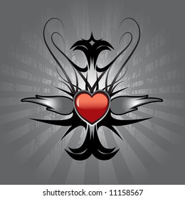 vector illustration of tattoo with red heart and silver flames on metallic shield