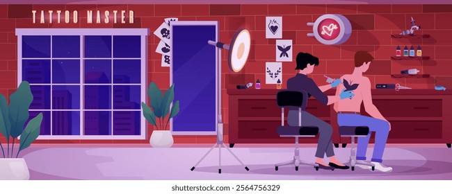 Vector illustration of tattoo studio interior with characters at work. Female tattoo artist applying a design to a man's back in a modern salon with a window, decor and tools. Flat cartoon style.