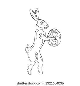 Vector illustration: tattoo style bunny icon with easter egg isolated on white background. Graphic design for Easter decoration, greeting cards and posters. Color book for children pasttime
