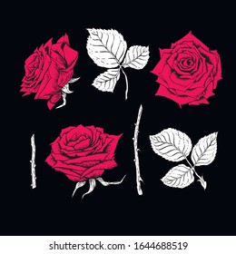  Ilustración vectorial. Estilo Tatuaje Rock Grunge Y Moda Roll. Diseño de tela textil. Rosa roja clásica.