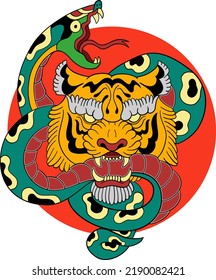 Vector illustration tattoo tiger bite snake