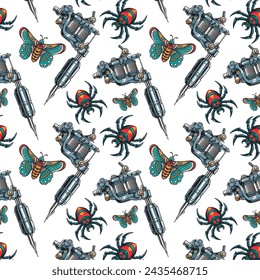 Vector Illustration of Tattoo Tools, Butterflies and Spiders with Vintage Hand Drawing Style Available for Pattern