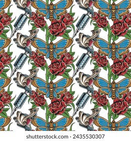Vector Illustration of Tattoo Tools, Butterflies and Roses with Vintage Hand Drawing Style Available for Pattern