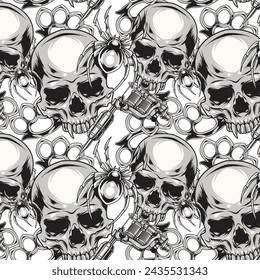 Vector Illustration of Tattoo Tools, Spiders and Skulls with Vintage Hand Drawing Style Available for Pattern
