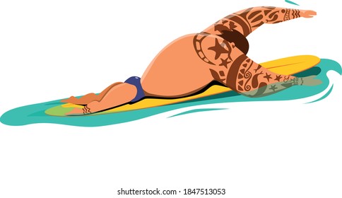 Surfista tatuado de vector Illustration capturó una ola