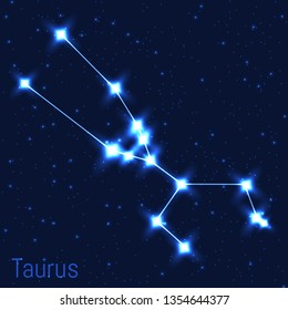 Vector illustration of Taurus constellation. Astronomical Bull. Zodiac sign. Cluster of realistic stars in the dark blue starry sky.