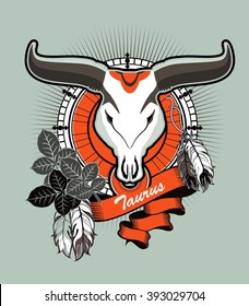 vector illustration Taurus emblem vintage frame with feathers on a black background