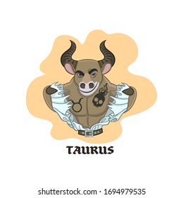 Vector illustration of taurus simbol. Brutal taurus-man tear off his clothes isolated on white background. Picture for prints, stickers and design.