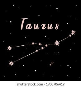 Vector illustration of Taurus zodiac sign on a black starry background.