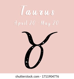 Vector illustration of Taurus zodiac sign and date on a pink background.