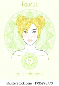 Vector illustration of Taurus zodiac sign, portrait beautiful girl and horoscope circle. Earth element. Mysticism, predictions, astrology. 