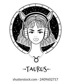 Vector illustration of Taurus zodiac sign line art female face portrait with circle