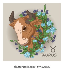Vector illustration. Taurus zodiac sign in flower decoration.