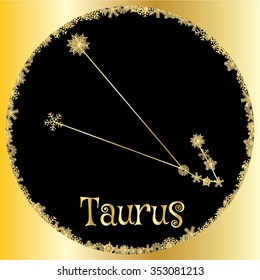 vector illustration of Taurus Zodiac Sign.Gold snowflakes