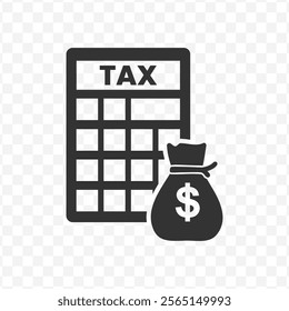Vector illustration of tax calculator with sack of money icon in dark color and transparent background(PNG).