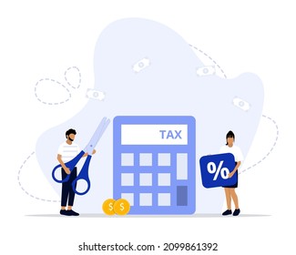 Vector Illustration, Tax Deduction Concept, Showing Businessman Holding Big Scissors, Suitable for landing page, UI, web, App intro card, editorial, flyer, and banner
