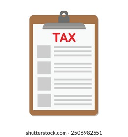 Ilustración vectorial de documento fiscal sobre Portapapeles de madera. Presentación de impuestos sobre la renta, calcular los ingresos y llenar el formulario de impuestos, lista de verificación completa de expertos para todos los conceptos de reducción, reembolso y pago.