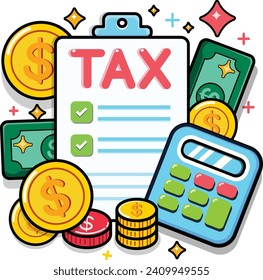 Vector illustration of Tax payment concept. Calculator, coin stack, banknote and Tax. Vector illustration on white background.