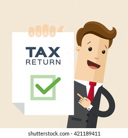 Vector illustration of tax refund.  Business man or  manager holds in his hand a tax declaration