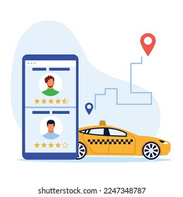 Vector illustration of taxi apps. Cartoon scene taxi which on the map shows the route to the customer on white background. A convenient trip to the right place.