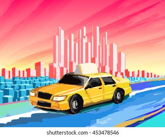 Vector illustration of a taxi cab with urban background