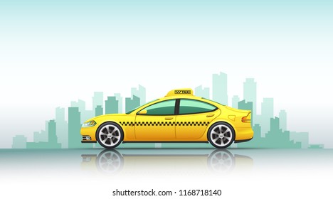 Vector illustration of taxi car, isolated on a urban background.