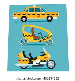 Ilustración vectorial del camión de taxis, Moto y taxi de bicicletas