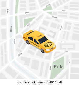 Vector illustration. Taxi car on the background map of the city with streets, houses, river and Park. Isometric, 3D.