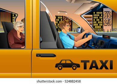 A vector illustration of a Taxi Driver Driving a Passenger