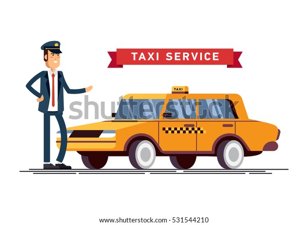 Vector\
illustration taxi driver in uniform with yellow car. Commercial\
transport contemporary modern yellow taxi\
cab.