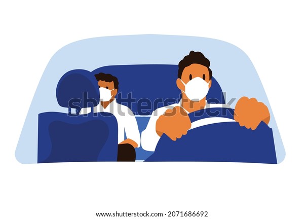 Vector Illustration Of Taxi\
Driver Wear A Face Mask And Drive His Cab And Practicing Safety\
Health Protocols By Emptying Front Seat Social Distancing From\
Passenger 