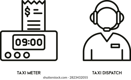 Vector illustration of taxi meter and dispatch center icons isolated on white background