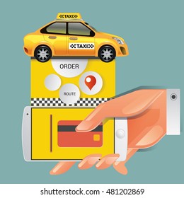 Vector illustration of a taxi service concept. Smartphone and touchscreen with taxi service application.