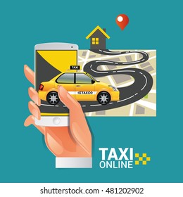 Vector illustration of a taxi service concept. Smartphone and touchscreen with taxi service application.