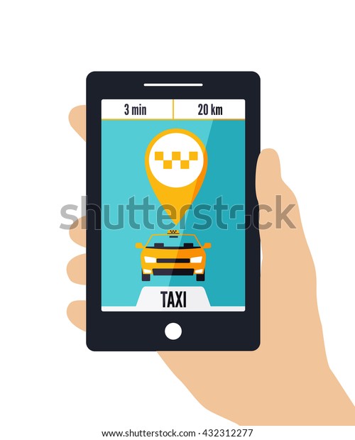 Vector illustration of a taxi service concept.\
Smartphone and touchscreen with taxi service application on a\
screen. Taxi ordering\
interface.