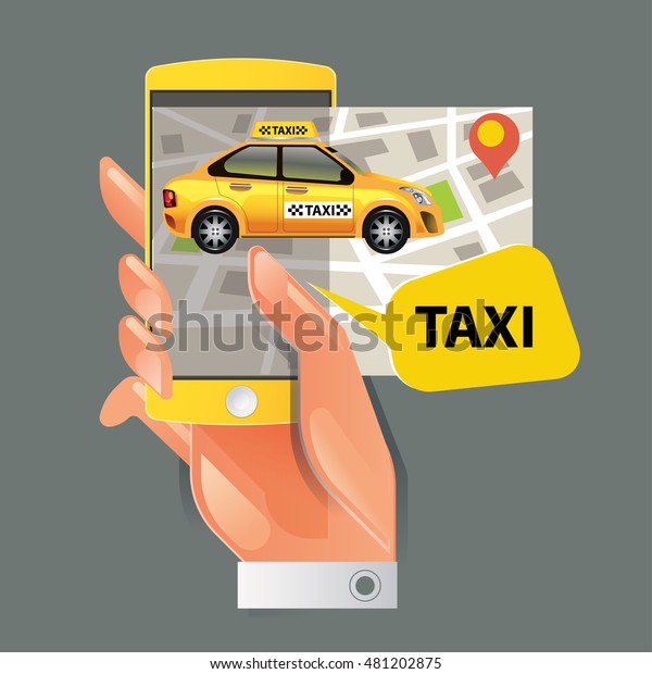 Vector illustration of a\
taxi service concept. Smartphone and touchscreen with taxi service\
application.