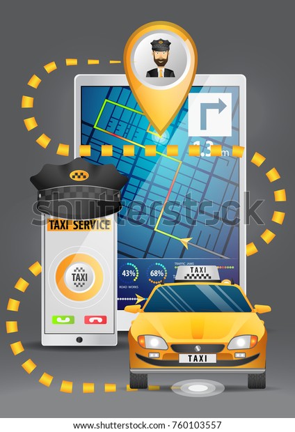 Vector illustration of a taxi service, the\
concept of a taxi order on the Internet, a gadget. Route on the map\
of the navigator. realistic vector illustration isolated on a\
neutral gray\
background\
