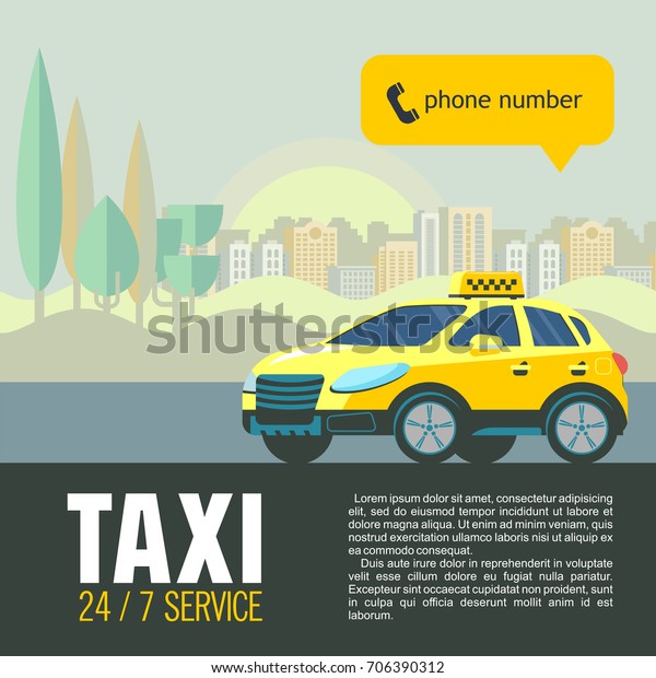 Vector illustration of a taxi\
service. Yellow taxi car in the background high rise\
buildings.