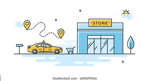 Vector illustration of a taxicab parked near the store. Taxi route to the market. Taxi ride icon. Concept for internet banner and website. Order a cab in the mobile app.