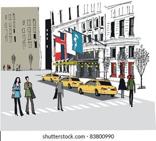 Vector illustration of taxis outside Manhattan hotel, New York