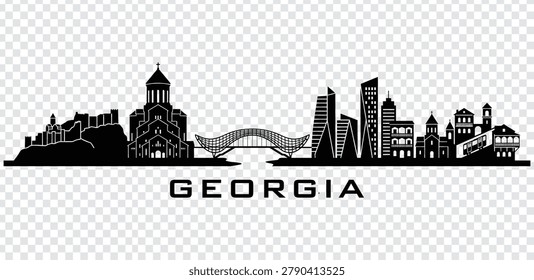 Vector illustration of Tbilisi, Georgia skyline silhouette. Famous landmarks including the Holy Trinity Cathedral, Bridge of Peace, and modern skyscrapers.