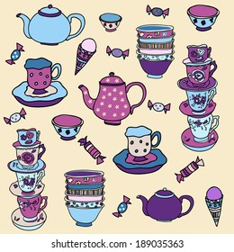 vector illustration of tea accessories and sweets. Tea Party