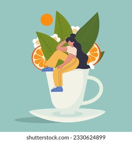 Vector illustration. Tea advertising, tea mug illustration, girl and tea, green tea, packaging illustration, banner.