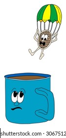 Vector illustration of a tea bag jumping into a cup of tea