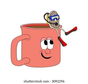 Vector illustration of a tea bag scuba diving into a cup of tea